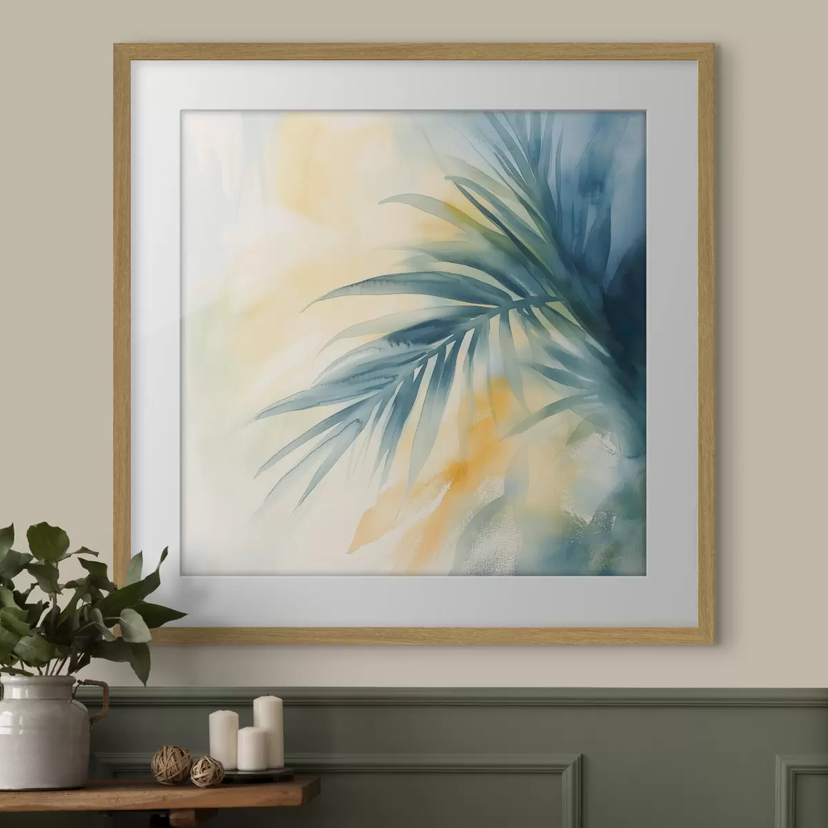 Poster Hojas de palmera tropical en tonos azul turquesa sobre un fondo de cálidas manchas de acuarela f48849
