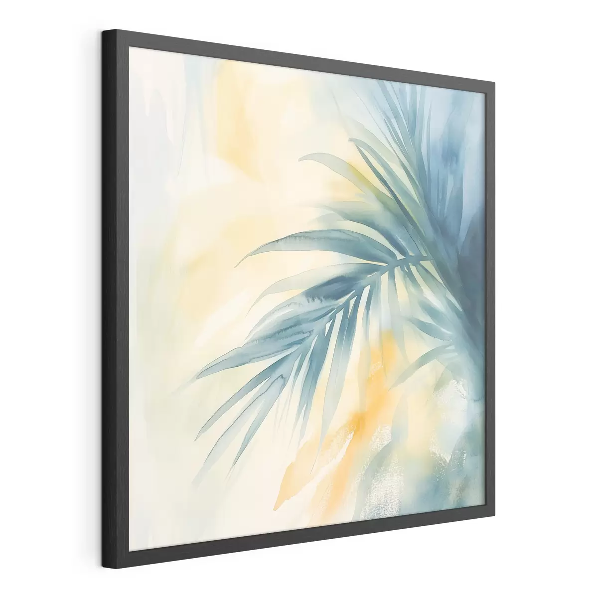 Poster Hojas de palmera tropical en tonos azul turquesa sobre un fondo de cálidas manchas de acuarela f48849