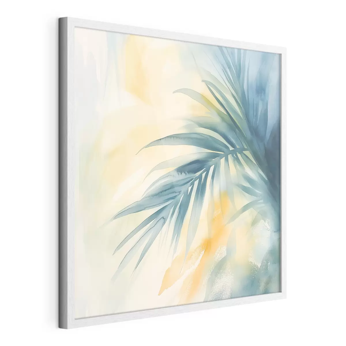 Poster Hojas de palmera tropical en tonos azul turquesa sobre un fondo de cálidas manchas de acuarela f48849