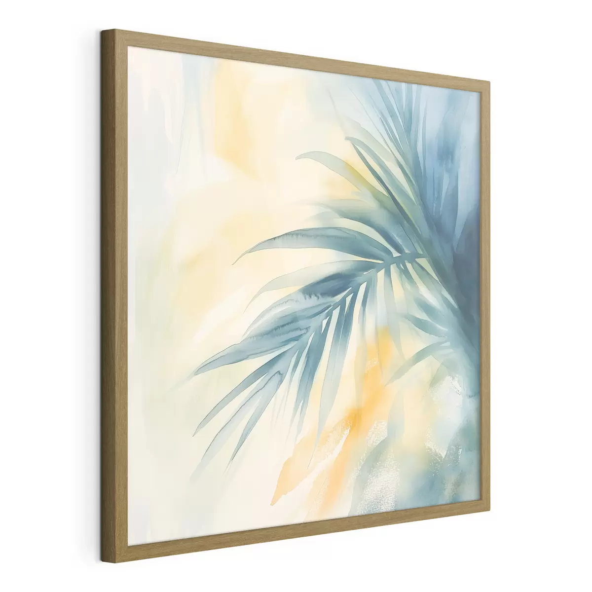 Poster Hojas de palmera tropical en tonos azul turquesa sobre un fondo de cálidas manchas de acuarela f48849