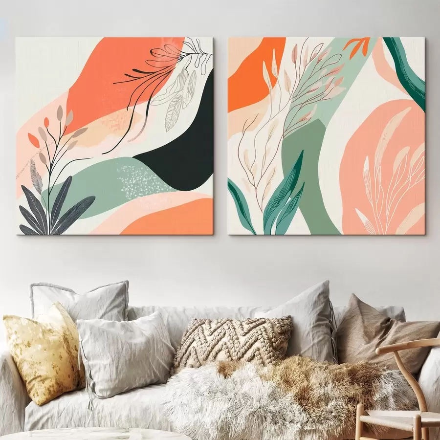 murales de pared Díptico abstracto con motivos vegetales y manchas de color en estilo moderno m30347