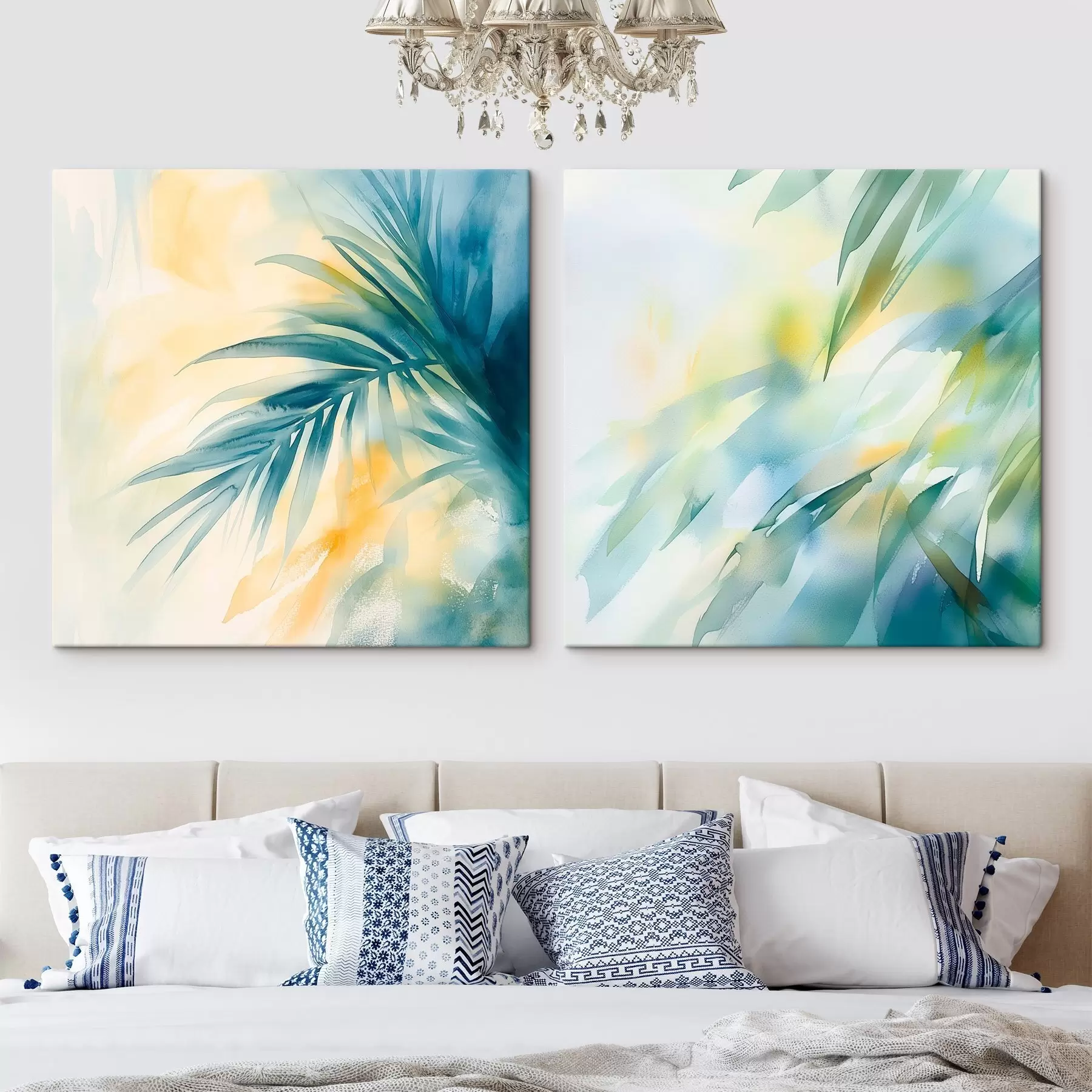 murales de pared Hojas tropicales en una paleta de colores turquesa y amarillo, con un estilo de efecto acuarela m30351