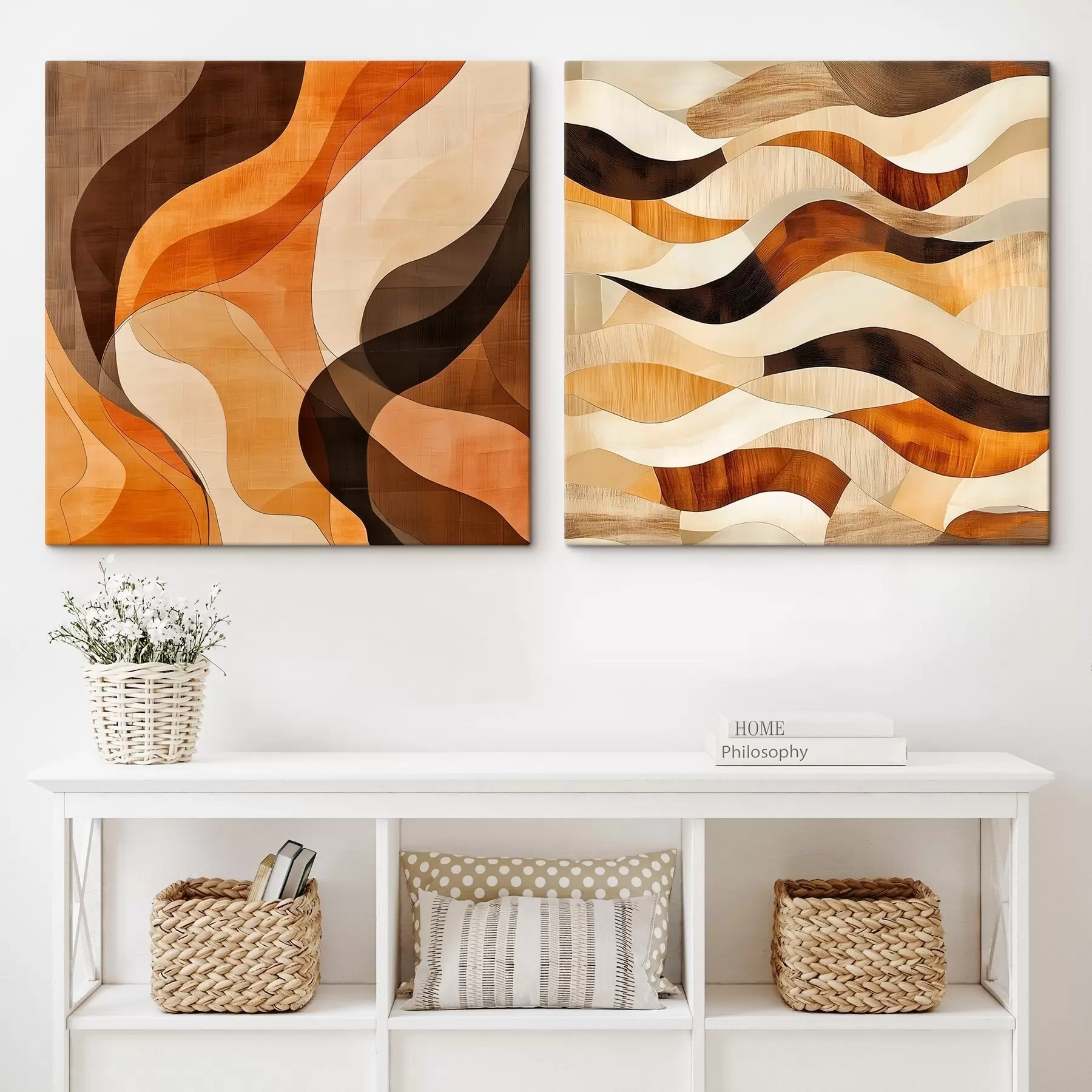murales de pared Composición abstracta con líneas onduladas en una gama cálida de marrones y beiges m30352