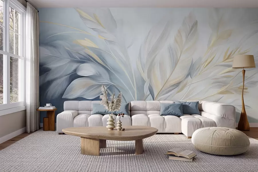 murales de pared Plumas con textura y detalles en amarillo, sobre un fondo suave de azul claro y blanco w09826