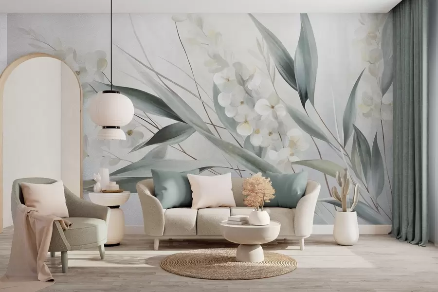 murales de pared Flores delicadas y largas hojas verdes en un estilo pictórico con sutiles pinceladas, obra de arte con textura w09827