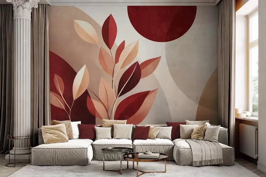 murales de pared Hojas con textura en tonos burdeos y beige sobre un fondo de formas abstractas, minimalismo y arte moderno w09829