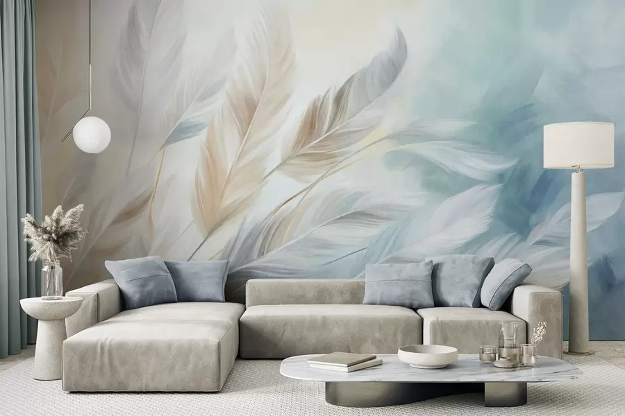 murales de pared Plumas en tonos pastel con textura y bordes suaves y difuminados, sobre un fondo de estilo acuarela w09833