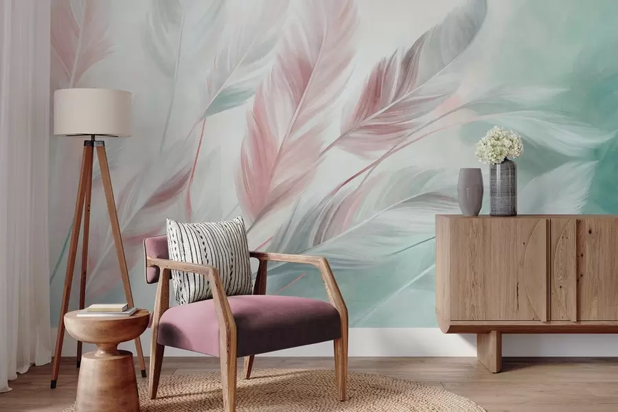 murales de pared Plumas en tonos pastel con textura y bordes suaves y difuminados, sobre un fondo de estilo acuarela w09833v1