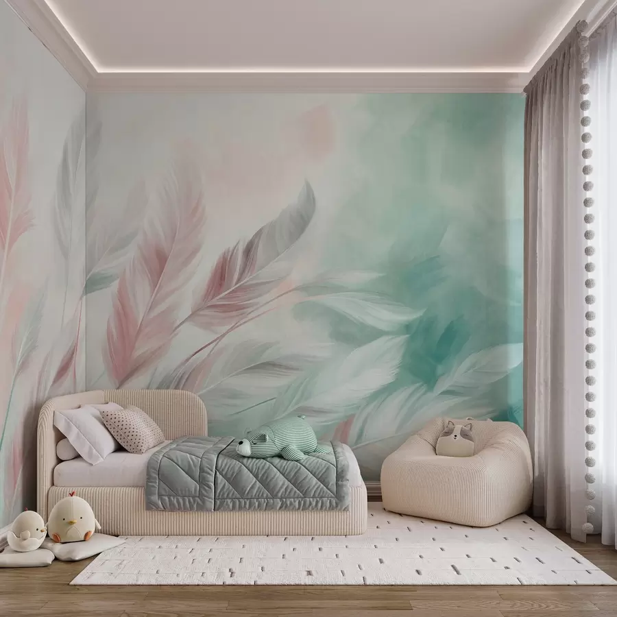 murales de pared Plumas en tonos pastel con textura y bordes suaves y difuminados, sobre un fondo de estilo acuarela w09833v1