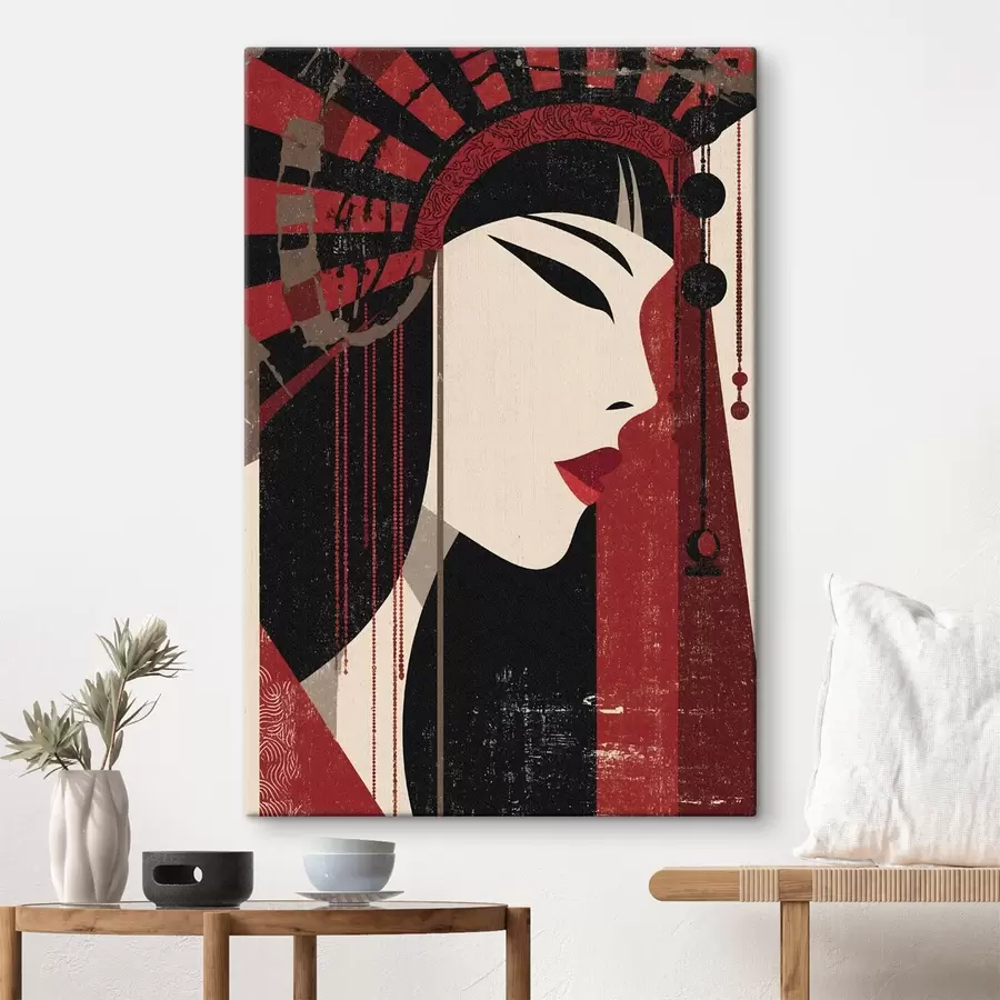 murales de pared Retrato estilizado de una mujer, inspirado en la estética japonesa y art déco s48993