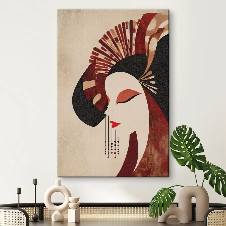 murales de pared Retrato estilizado de una mujer, inspirado en la estética japonesa y art déco s48994