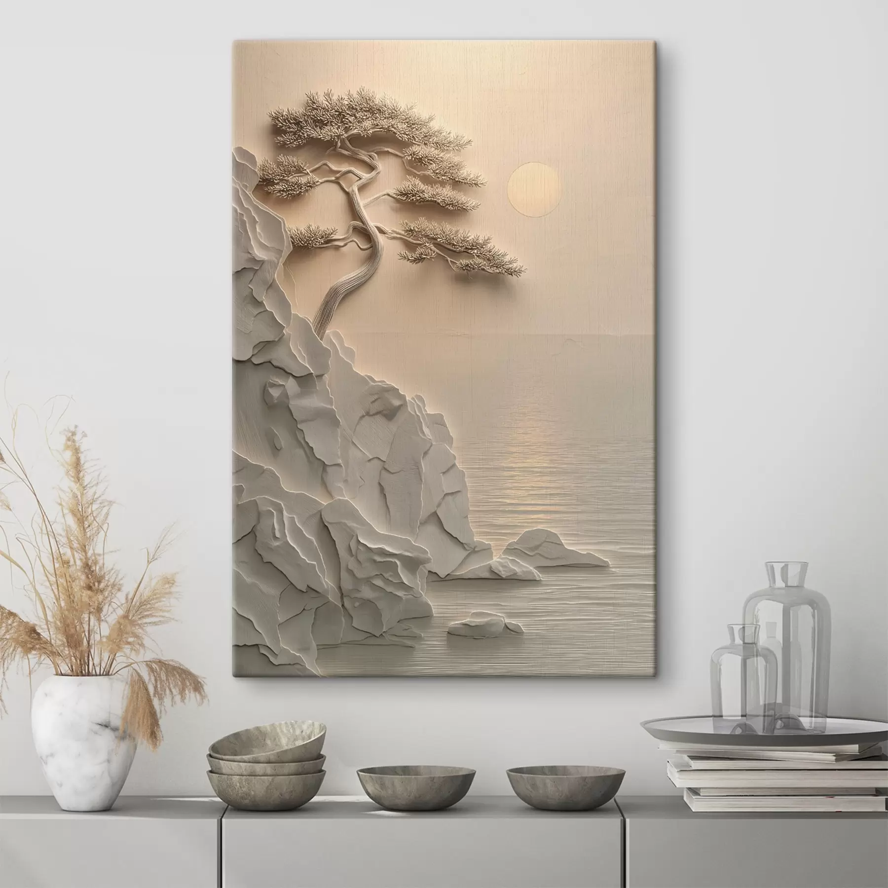 murales de pared un árbol en una ladera junto al mar, en estilo de bajorrelieve s49001