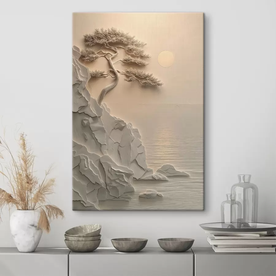 murales de pared un árbol en una ladera junto al mar, en estilo de bajorrelieve s49001