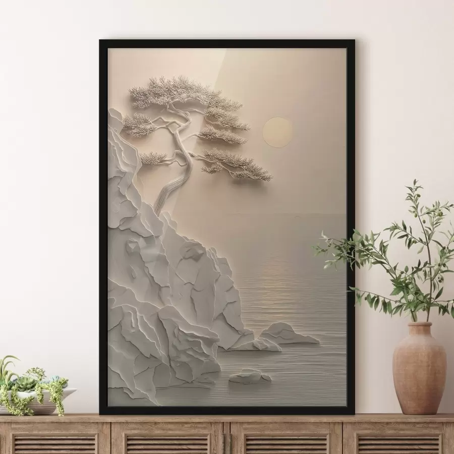 murales de pared un árbol en una ladera junto al mar, en estilo de bajorrelieve f49001
