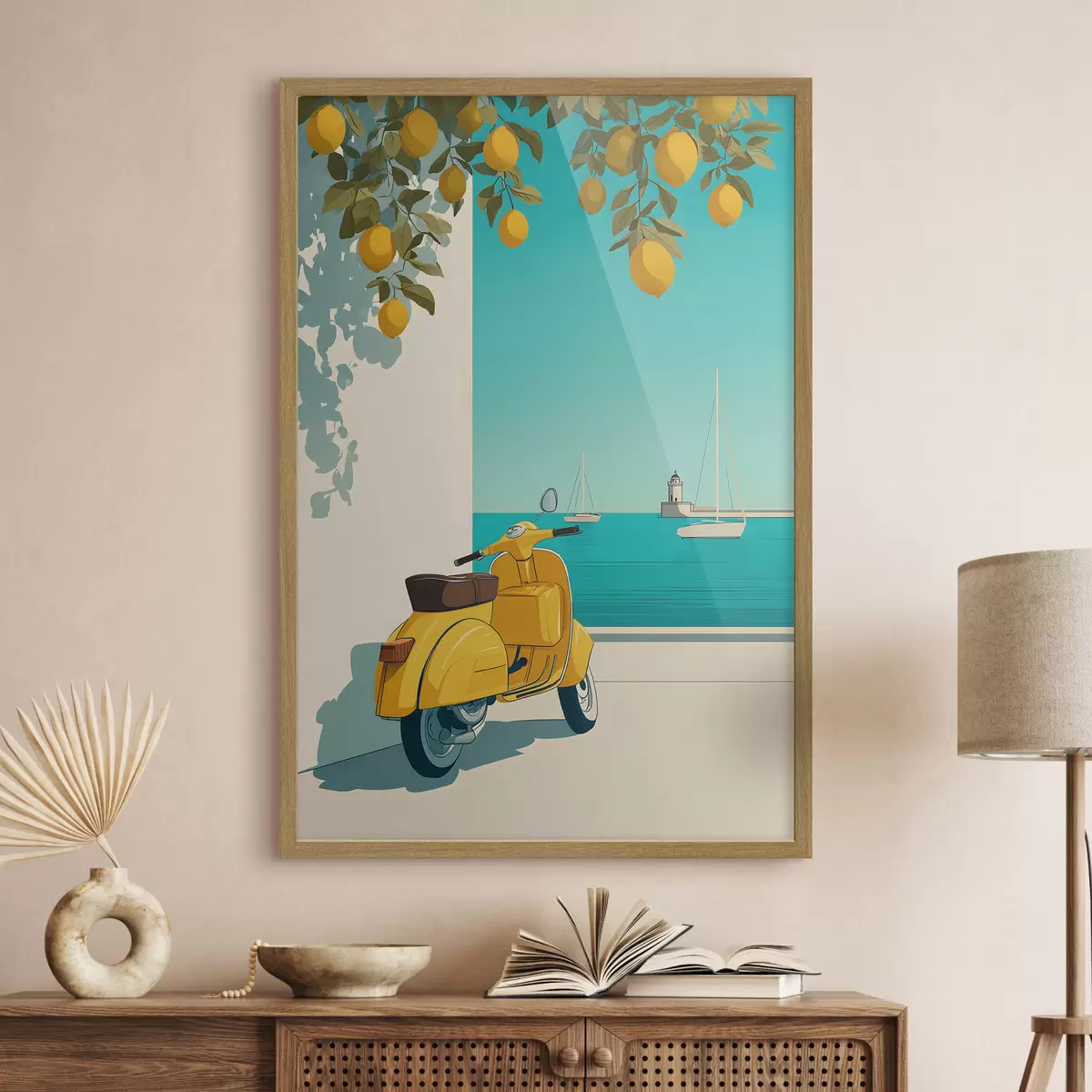 Poster una ciclomotor junto al mar, bajo los limoneros f49008