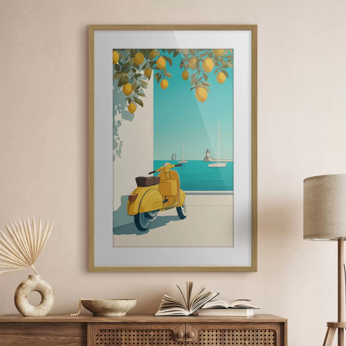 Poster una ciclomotor junto al mar, bajo los limoneros f49008