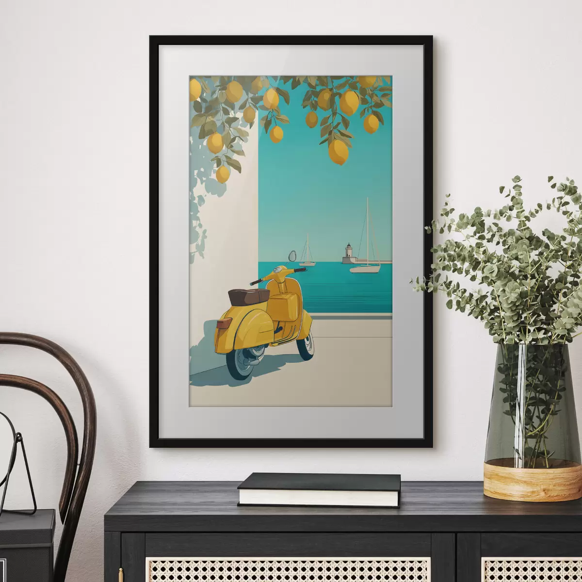 Poster una ciclomotor junto al mar, bajo los limoneros f49008