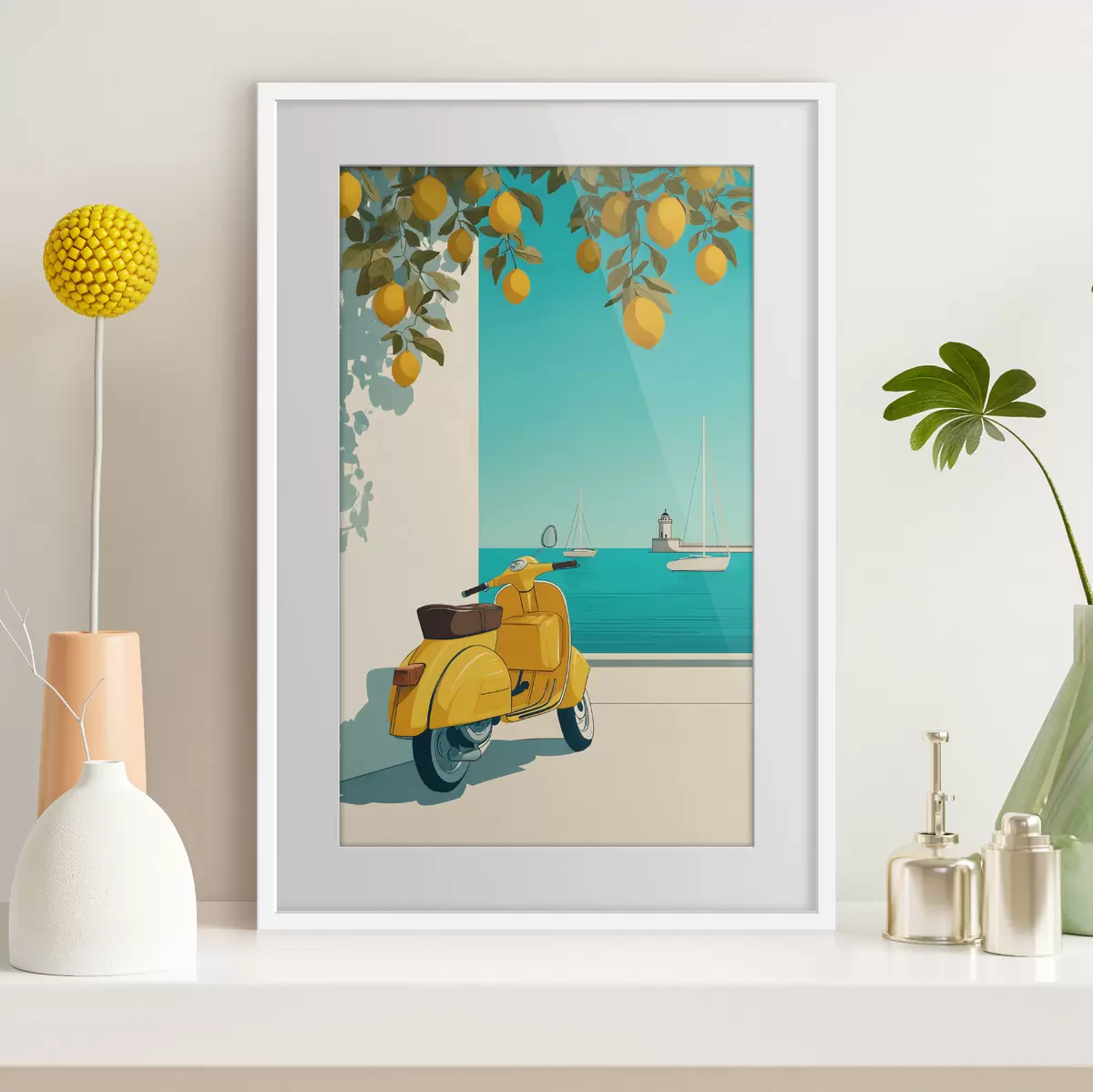 Poster una ciclomotor junto al mar, bajo los limoneros f49008