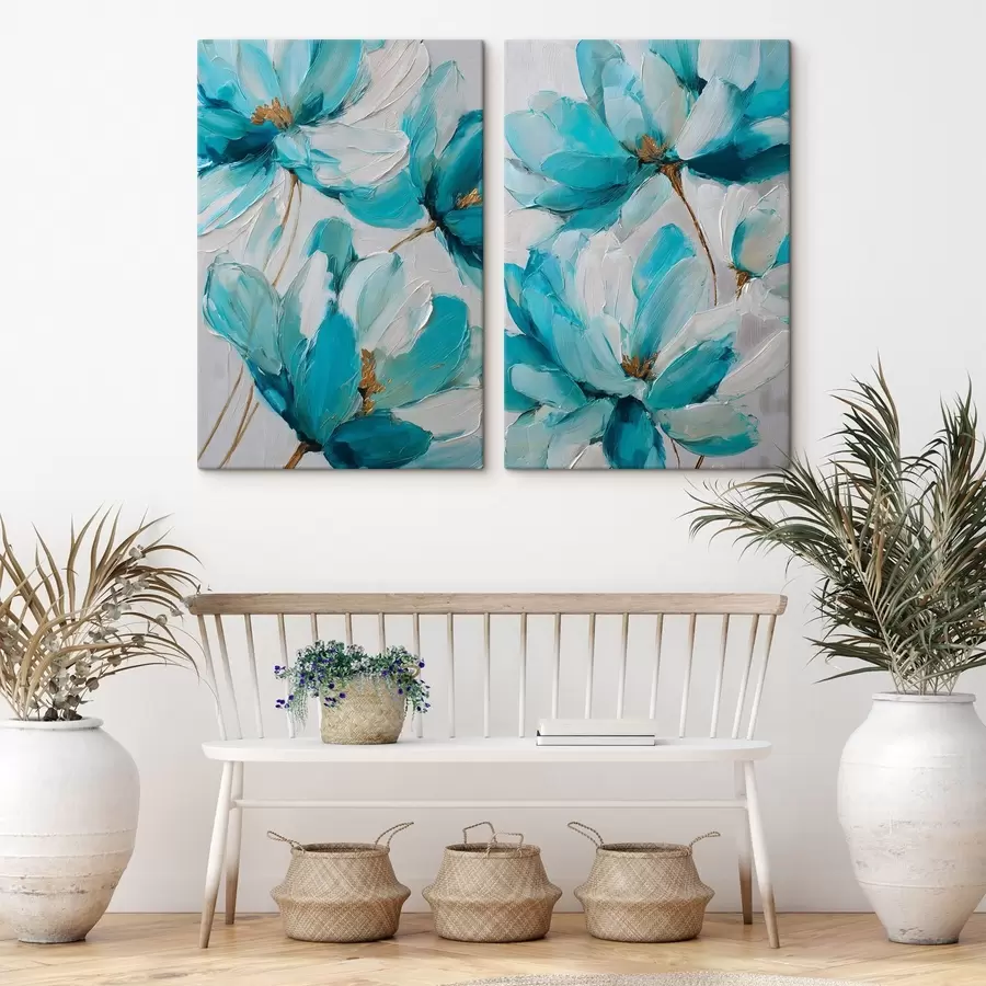 murales de pared flores azules pintadas con técnica de impasto m30430