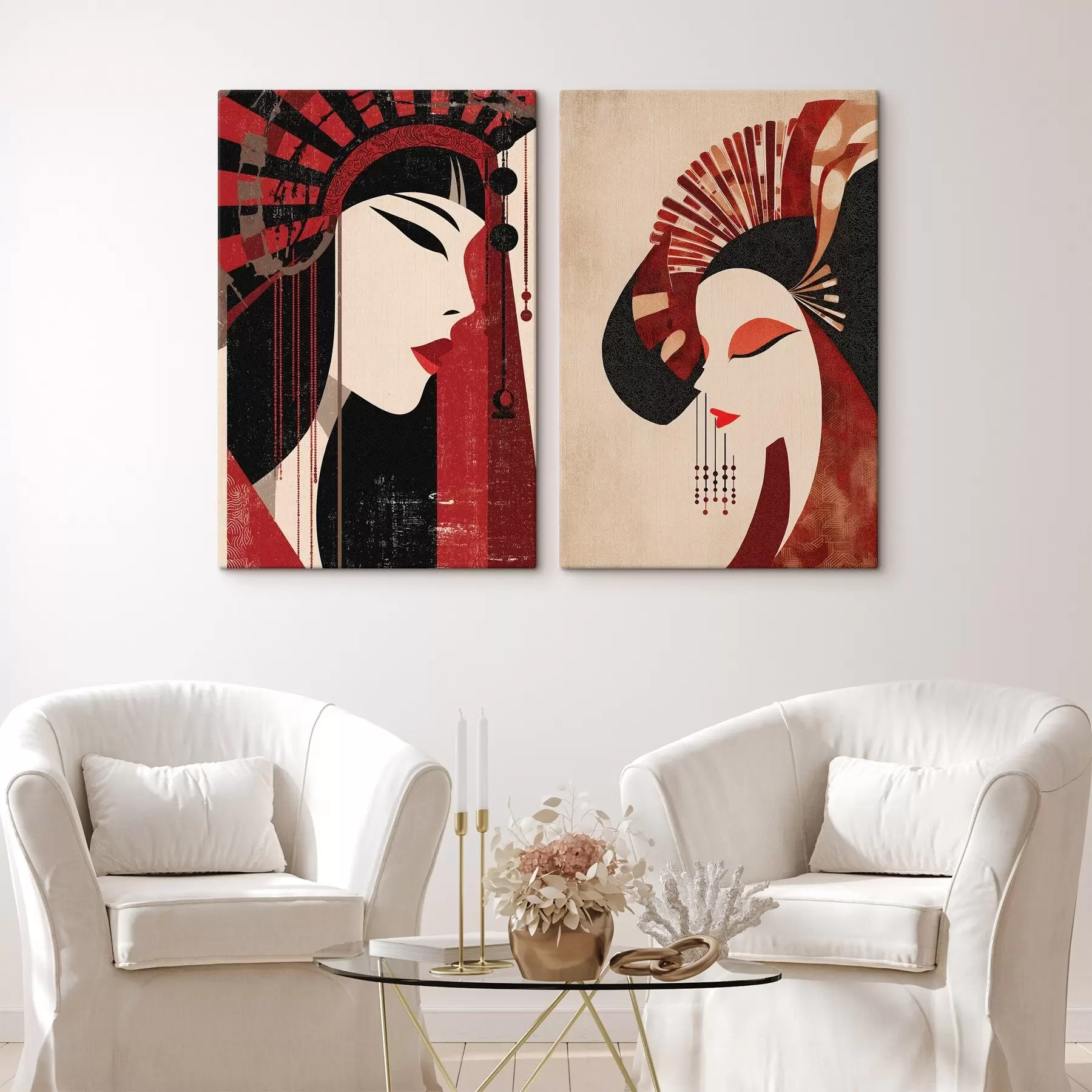 murales de pared Retrato estilizado de una mujer, inspirado en la estética japonesa y art déco m30431