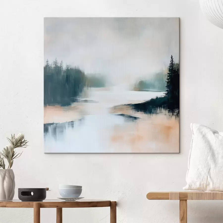 murales de pared Paisaje forestal abstracto en tonos rosas y azules, pintado en un estilo contemporáneo s48862