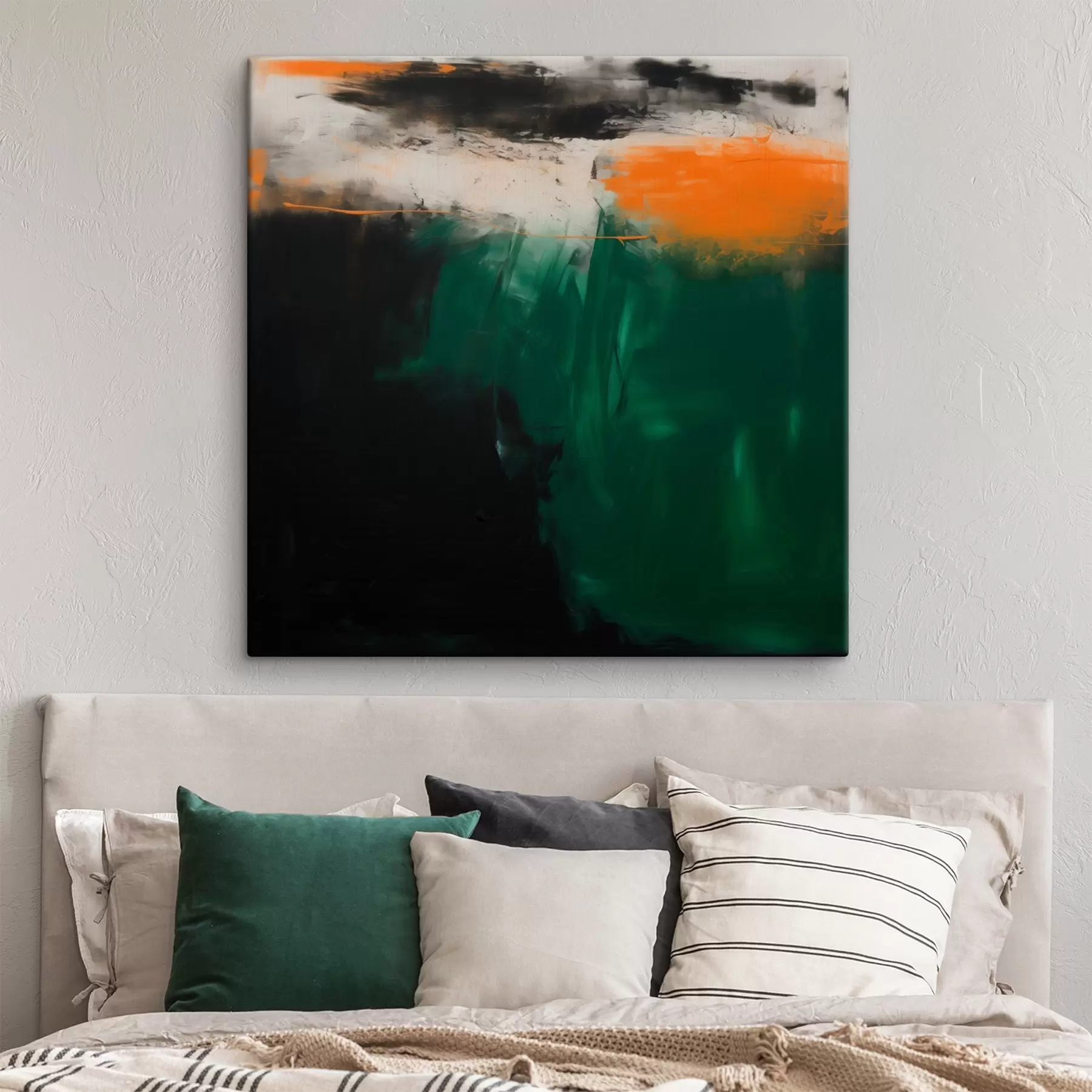 murales de pared Una obra abstracta con toques anaranjados y pinceladas de color verde intenso, en un estilo pictórico contemporáneo s48865