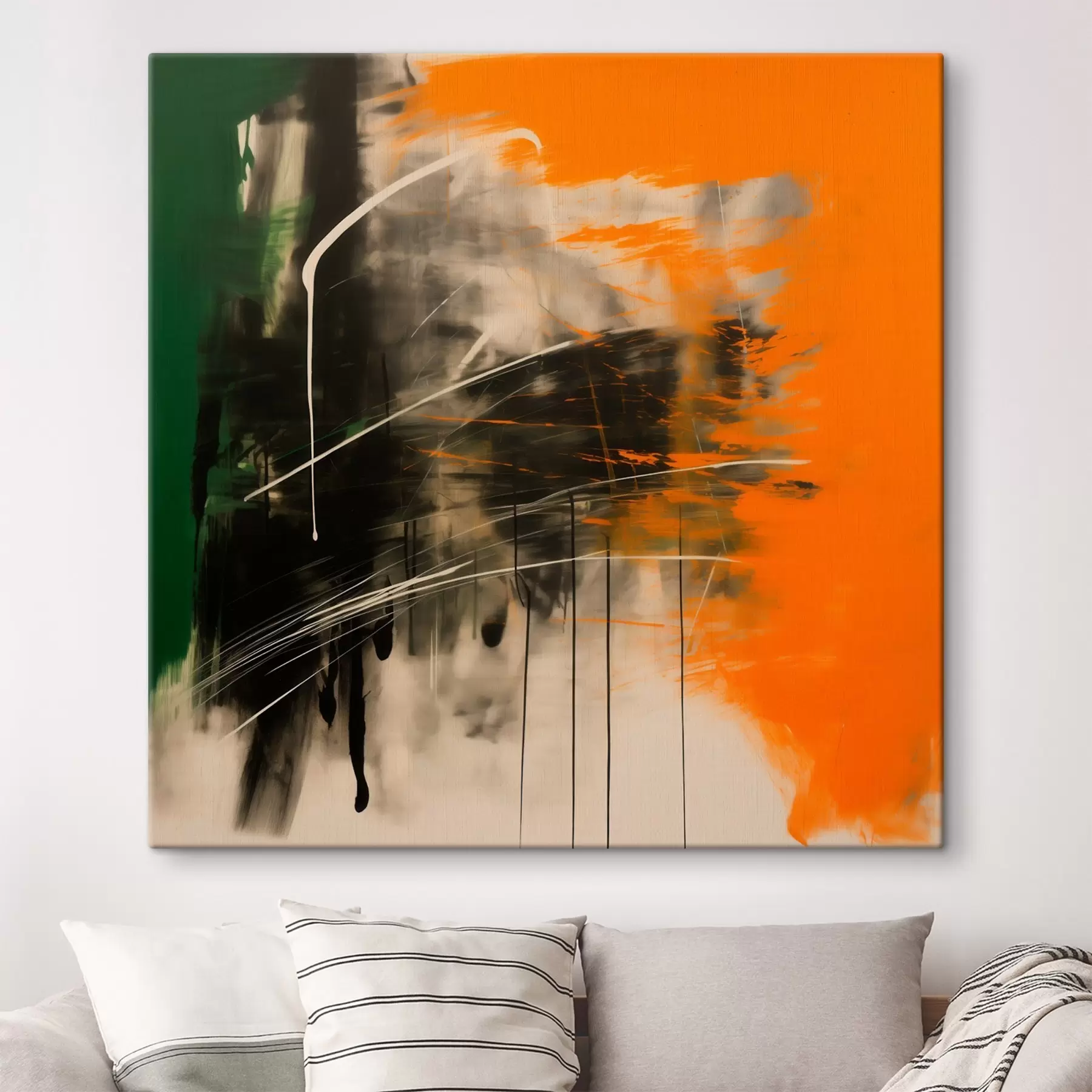 murales de pared Abstracción con pinceladas naranjas y verdes en un estilo pictórico contemporáneo s48866