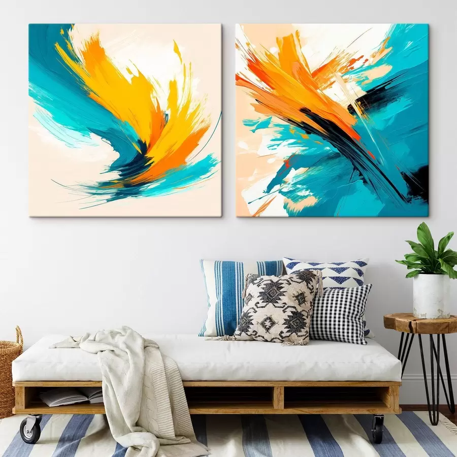 murales de pared Pinceladas dinámicas en una paleta de colores turquesa y naranja, en un estilo de arte contemporáneo m30354