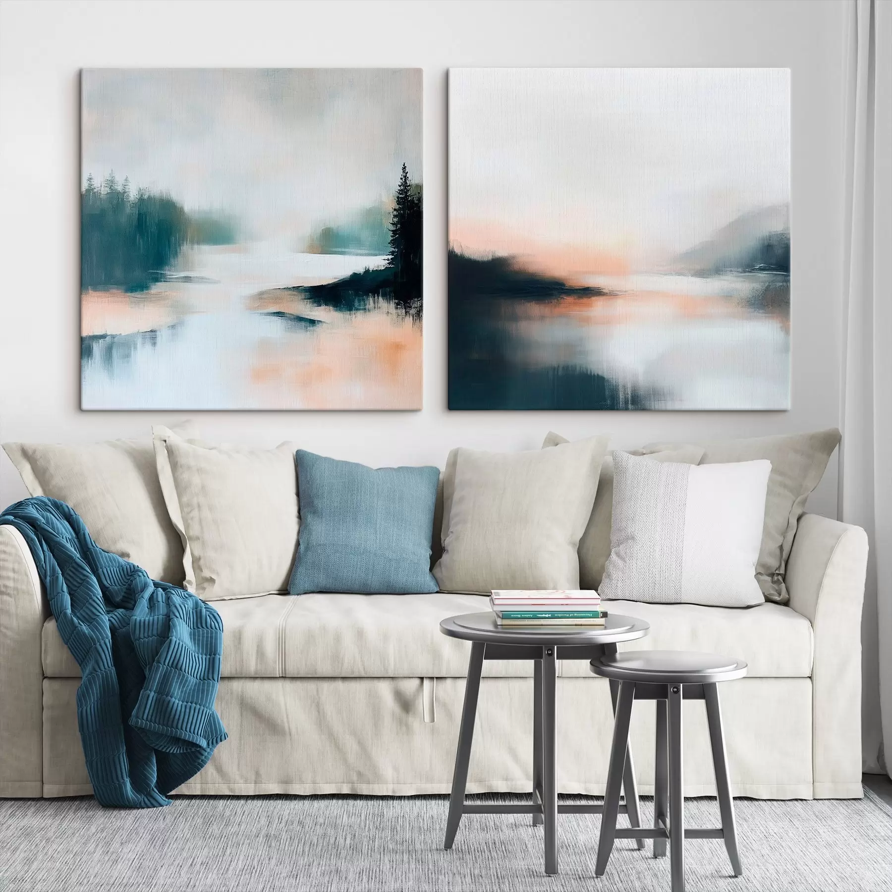 murales de pared Paisaje brumoso con coníferas y un lago, pintado en un estilo contemporáneo m30357