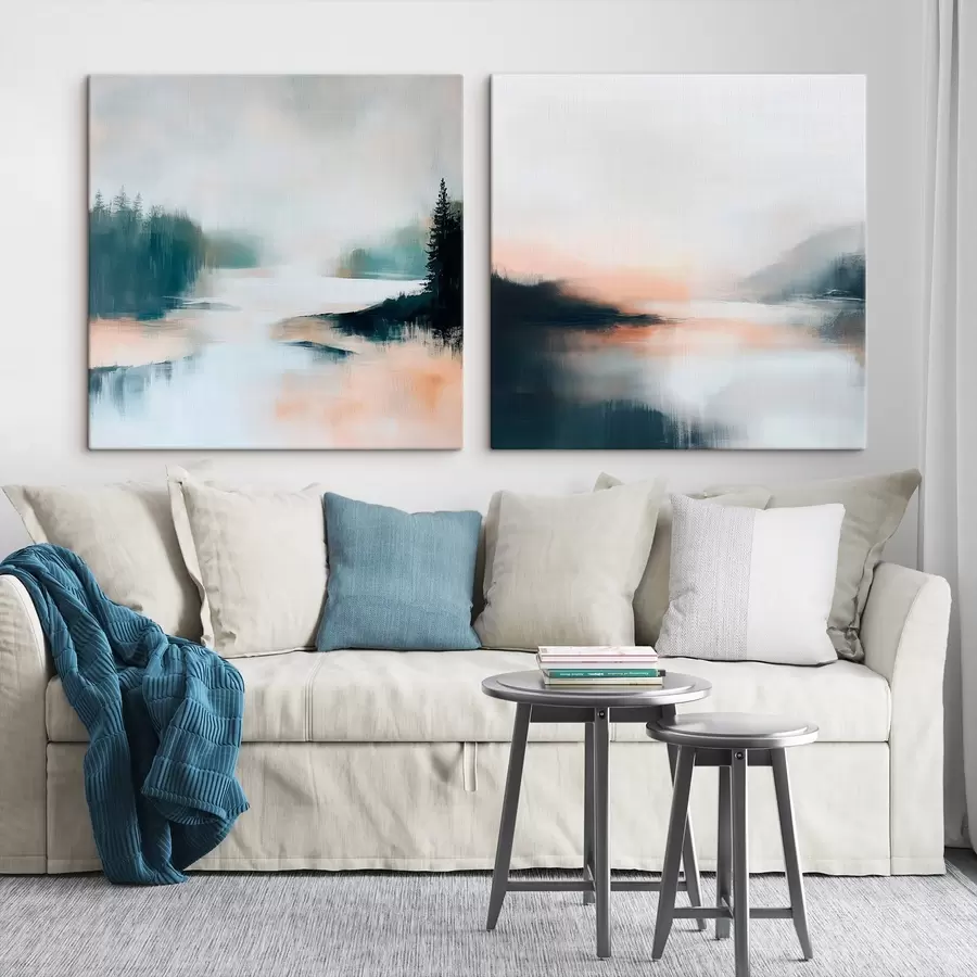 murales de pared Paisaje brumoso con coníferas y un lago, pintado en un estilo contemporáneo m30357