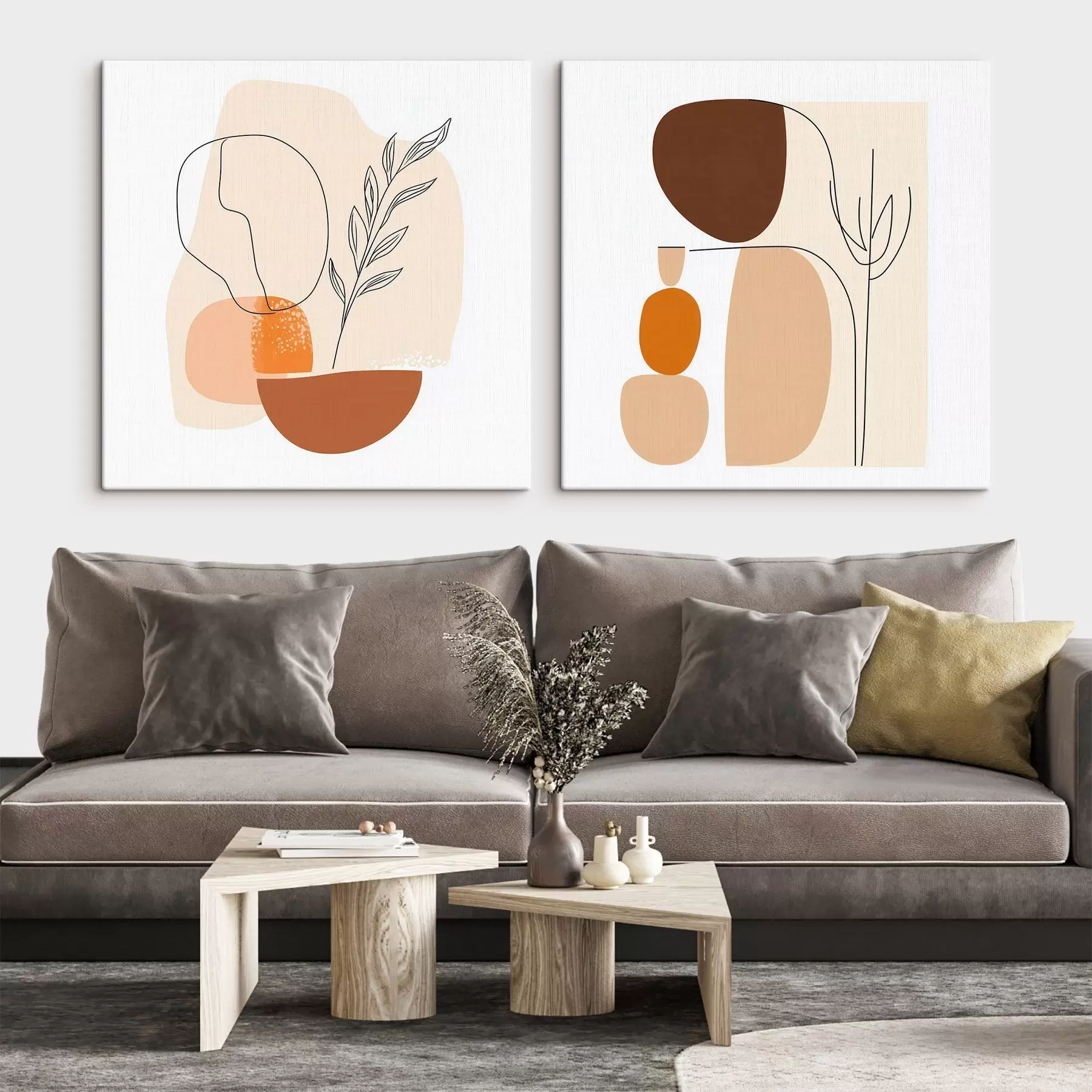 murales de pared Flores abstractas en una cálida paleta de tonos beige y coral: ilustración de estilo minimalista m30362