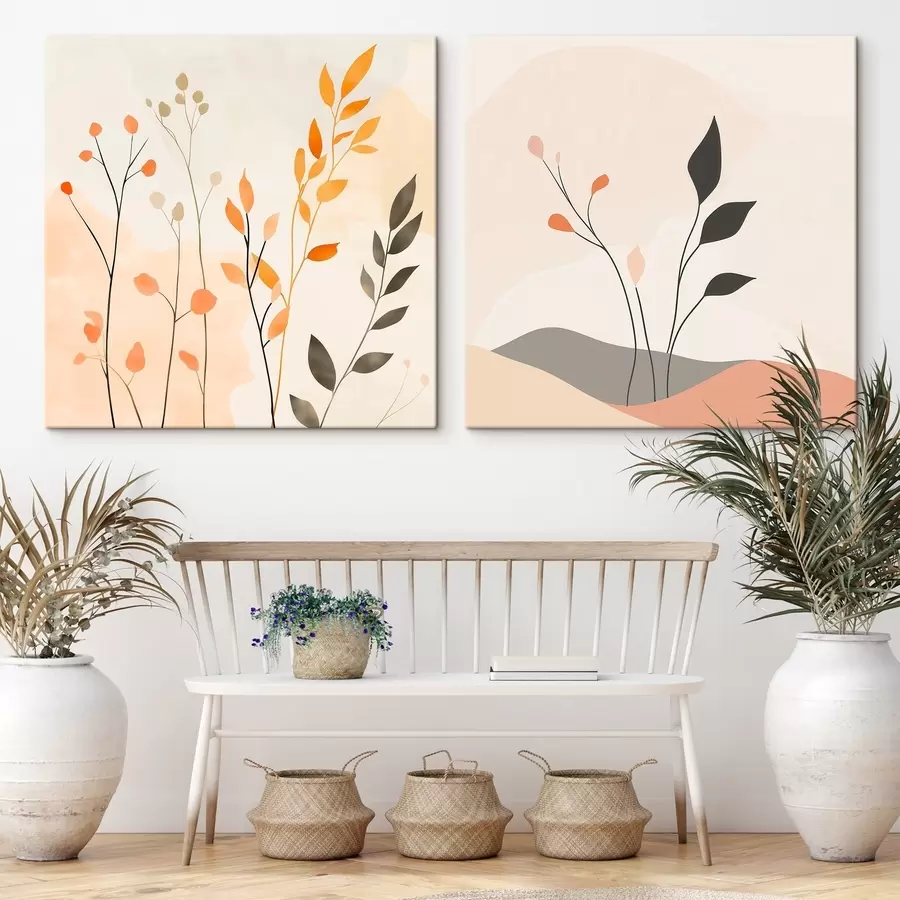 murales de pared Díptico floral en cálidos tonos beige y coral con líneas gráficas de estilo minimalista m30363