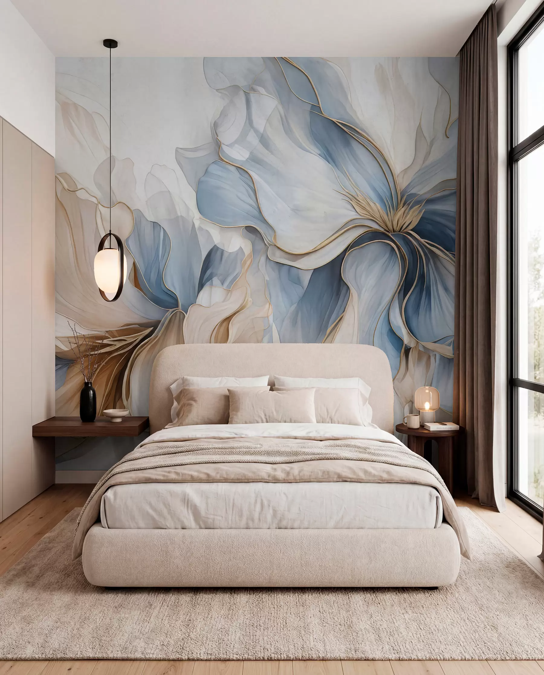 murales de pared Pétalos en azul y marfil w05578