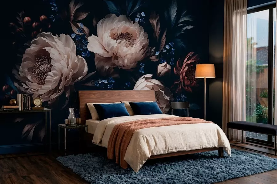 murales de pared Composición floral en tonos oscuros con flores y hojas grandes w05533