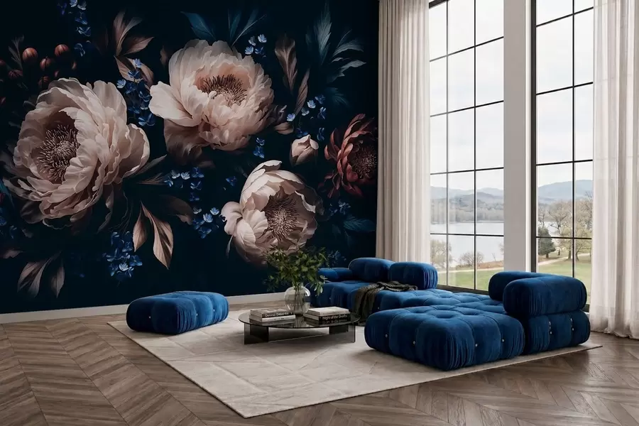 murales de pared Composición floral en tonos oscuros con flores y hojas grandes w05533
