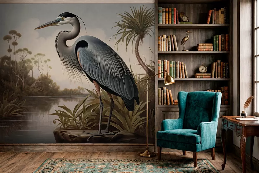 murales de pared Una garza junto al agua, entre las plantas de la orilla w05572