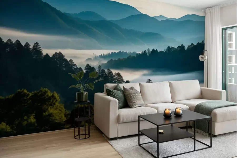 murales de pared Paisaje montañoso con niebla y bosques al amanecer w05573
