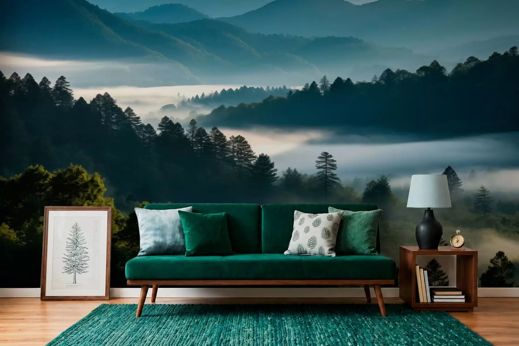 murales de pared Paisaje montañoso con niebla y bosques al amanecer w05573