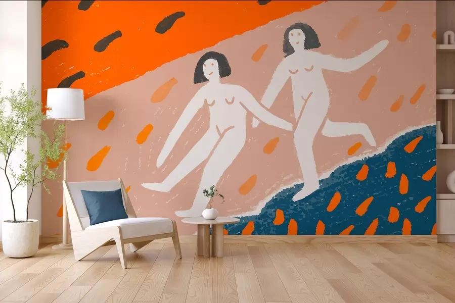 murales de pared arte contemporáneo: dos mujeres corriendo por la costa w05564