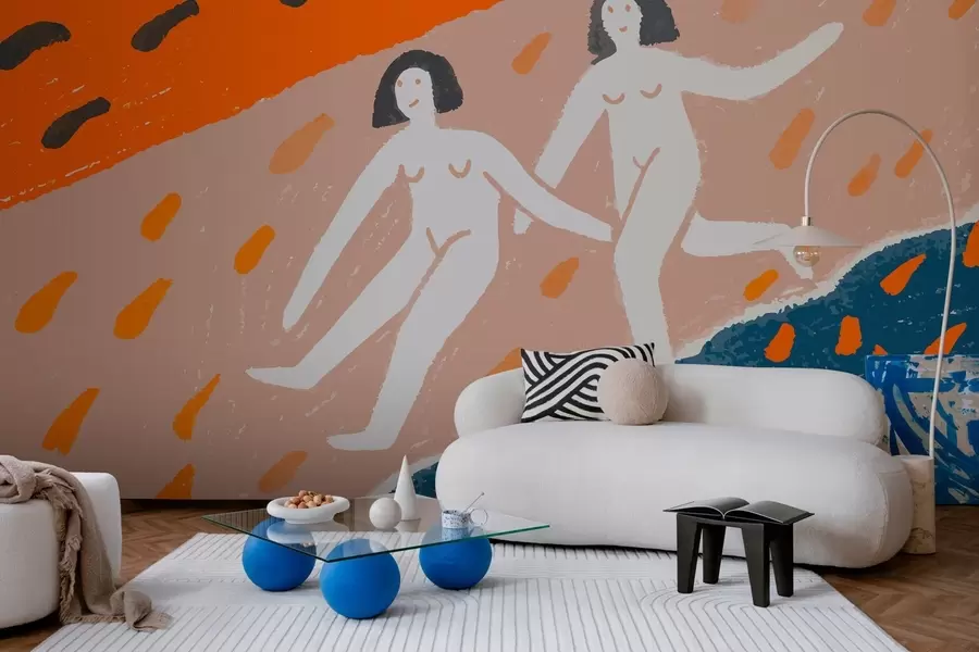 murales de pared arte contemporáneo: dos mujeres corriendo por la costa w05564