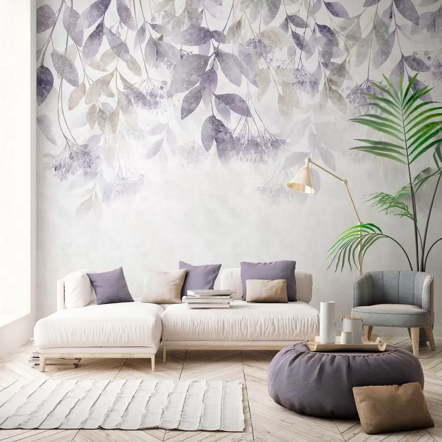 murales de pared hojas con textura y en cascada, con flores en tonos morados y beige w05565v3