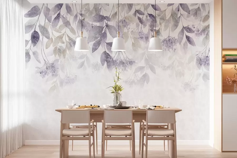 murales de pared hojas con textura y en cascada, con flores en tonos morados y beige w05565v3