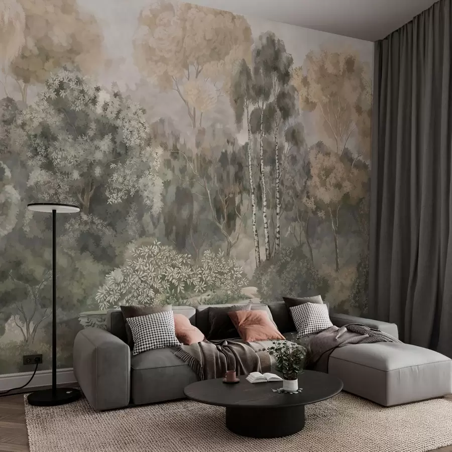 murales de pared Paisaje forestal con un río y árboles frondosos w05542v1
