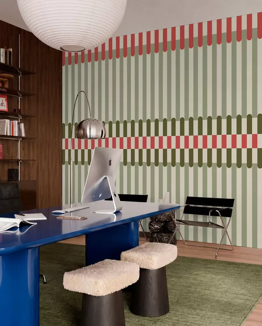 murales de pared Diseño a rayas en tonos verdes y coral w05150v4