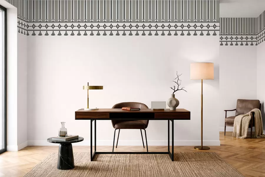 murales de pared Cenefa decorativa con borlas en tonos verdes y grises w05544v2