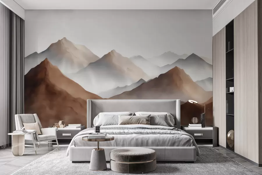 murales de pared Cumbres brumosas en tonos beige y marrón, con un estilo de acuarela w09857