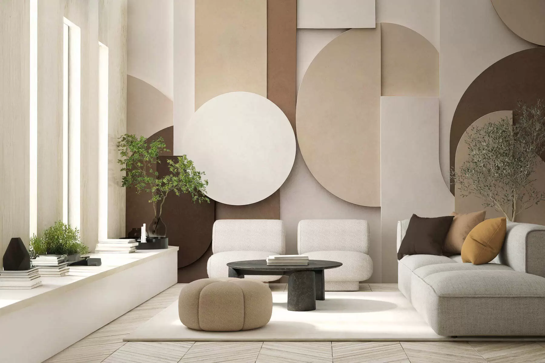 murales de pared Formas geométricas en beige con textura en una composición tridimensional en capas; obra de arte minimalista y moderna para la pared w05598