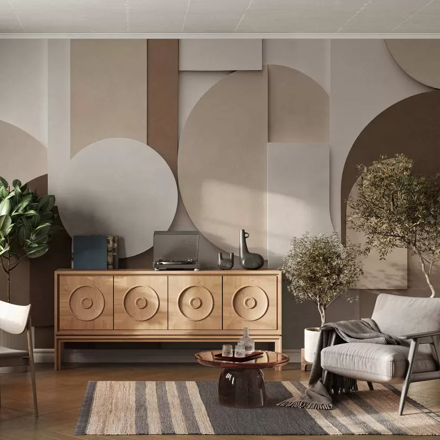 murales de pared Formas geométricas en beige con textura en una composición tridimensional en capas; obra de arte minimalista y moderna para la pared w05598