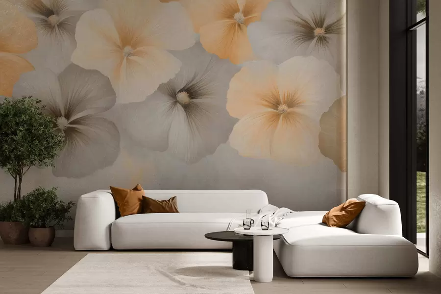 murales de pared Flores en tonos pastel suaves, con matices de amarillo cremoso y gris, sobre un fondo delicado w05600