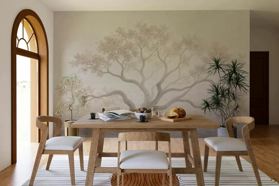 murales de pared Paisaje minimalista de un árbol envuelto en niebla en suaves tonos beige; arte atmosférico y evocador w05602